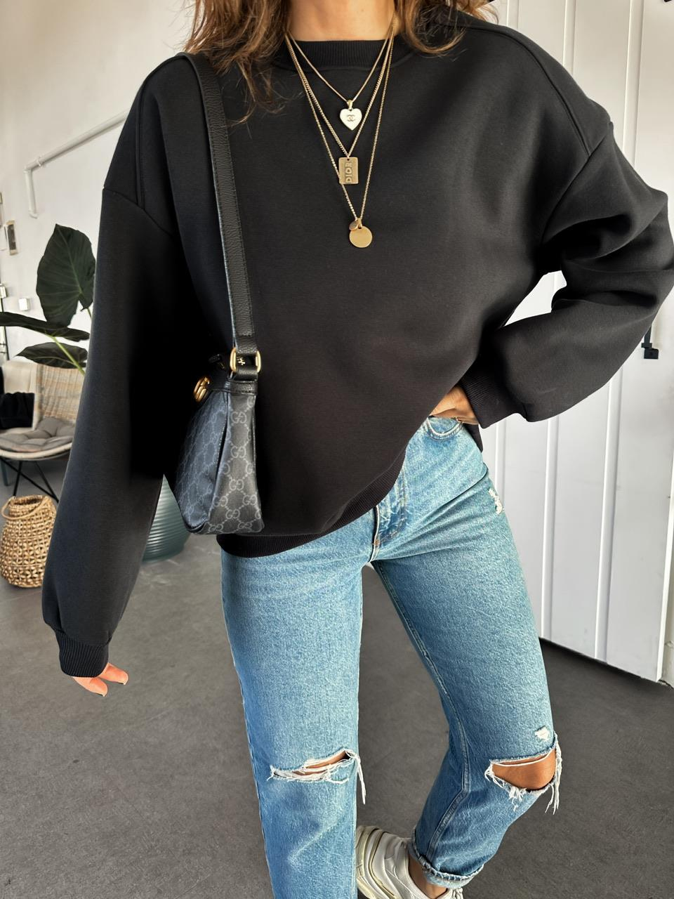 Siyah Bisiklet Yaka Cotton Sweatshirt 