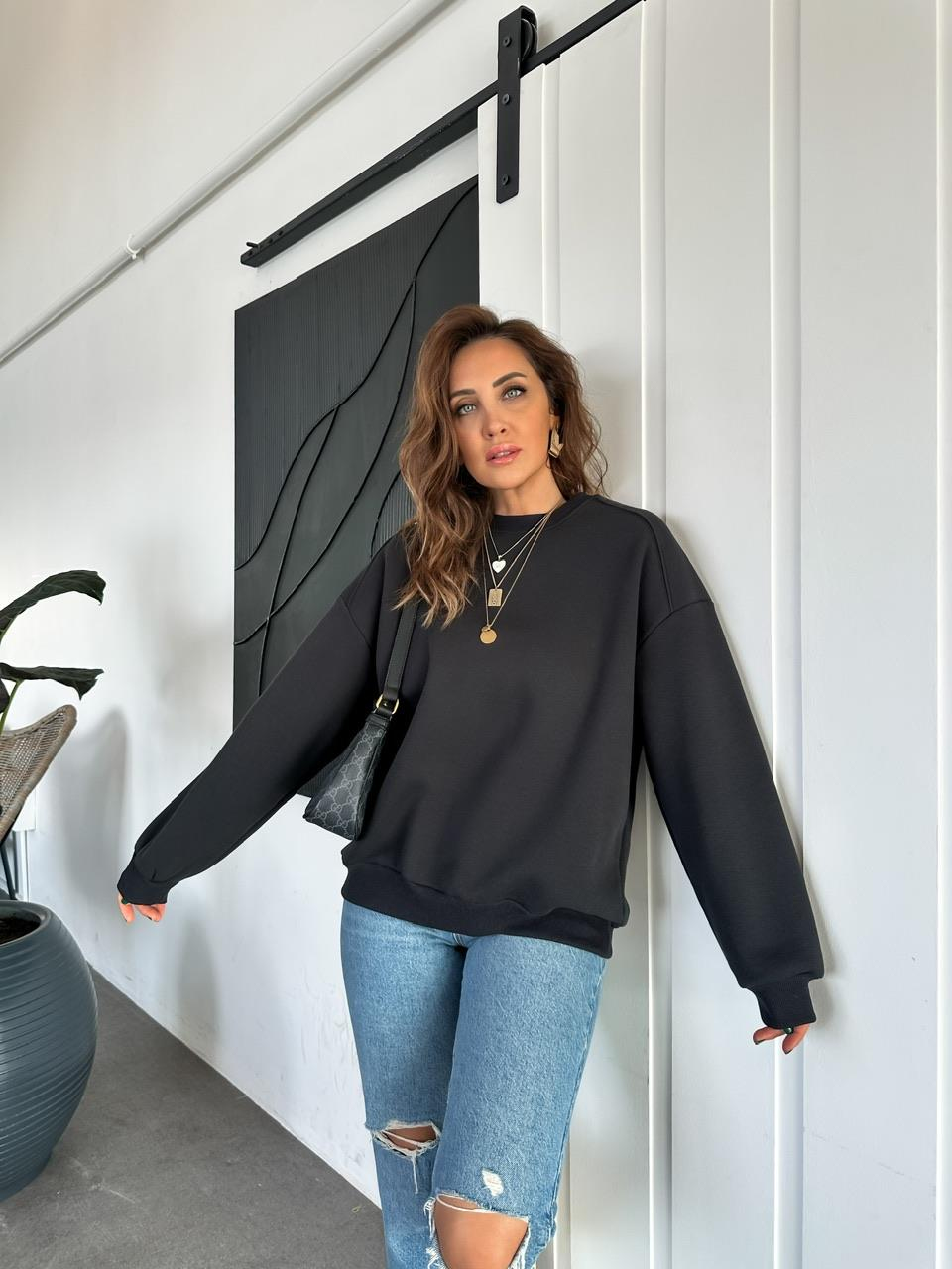 Siyah Bisiklet Yaka Cotton Sweatshirt 