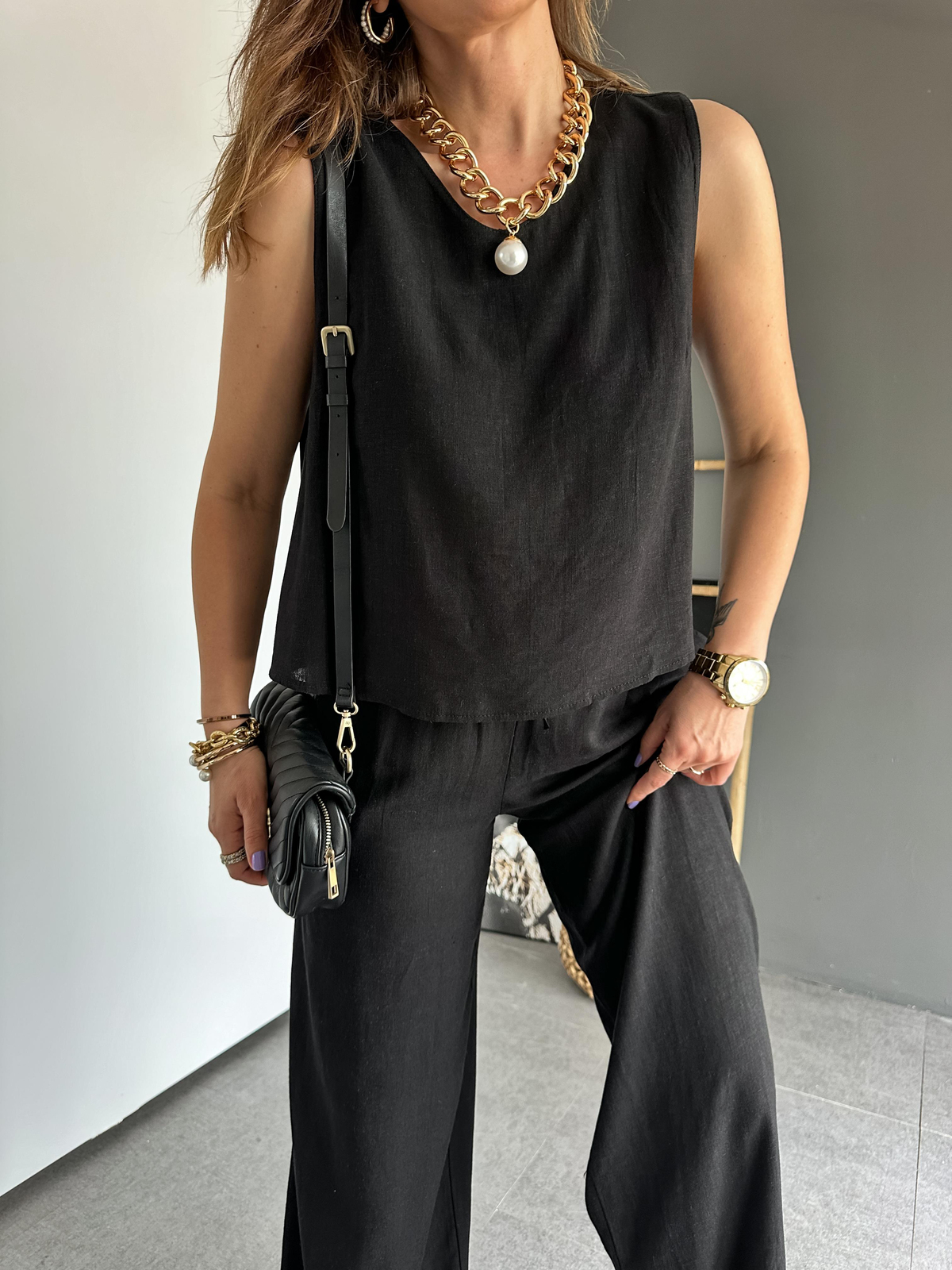 Siyah Bluz Pantolon Keten Takım