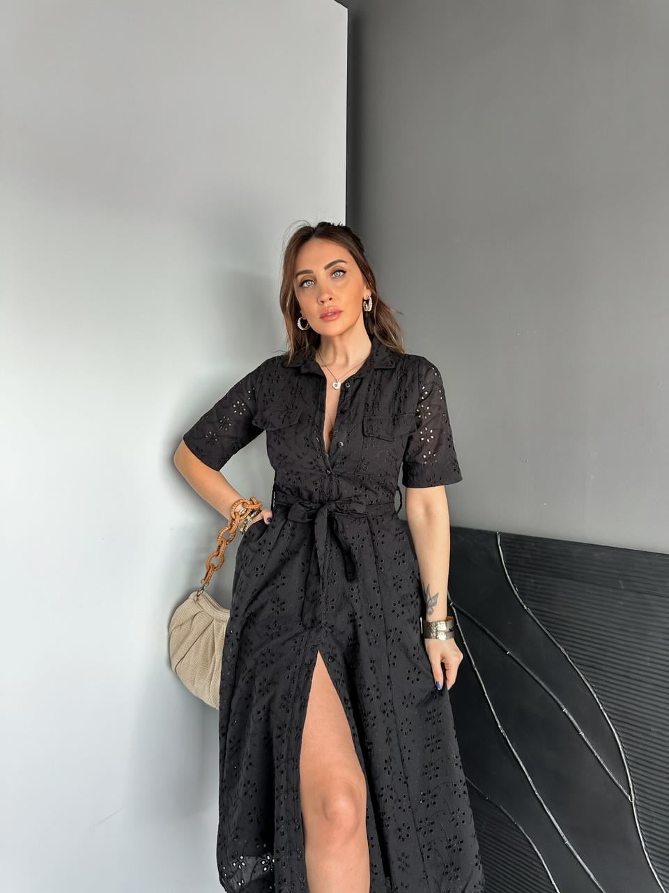 Siyah Brodeli Gömlek Elbise