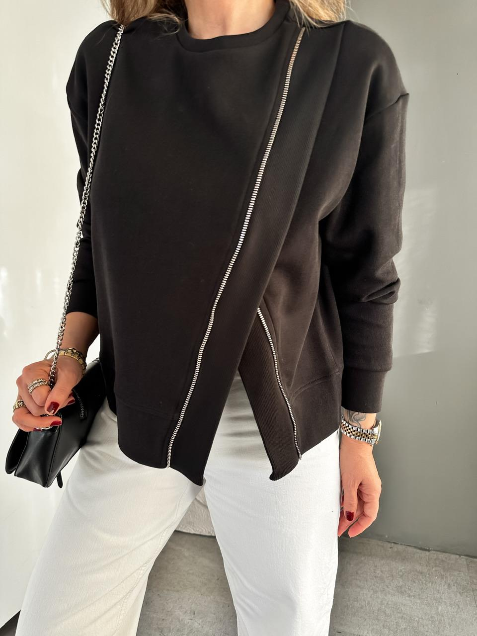 Siyah Çapraz Fermuarlı Tasarım Sweatshirt
