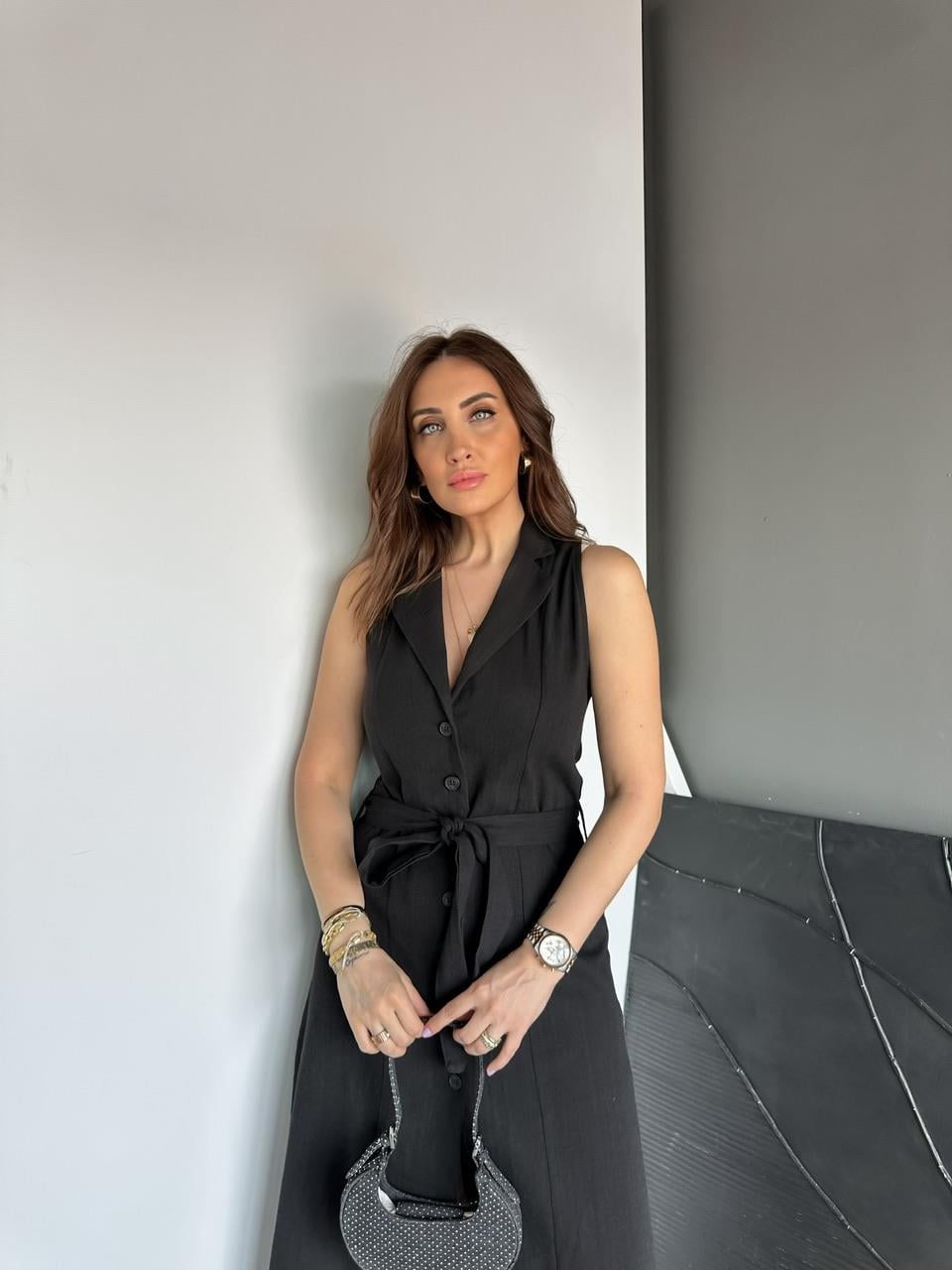 Siyah Ceket Yaka Düğmeli Keten Elbise