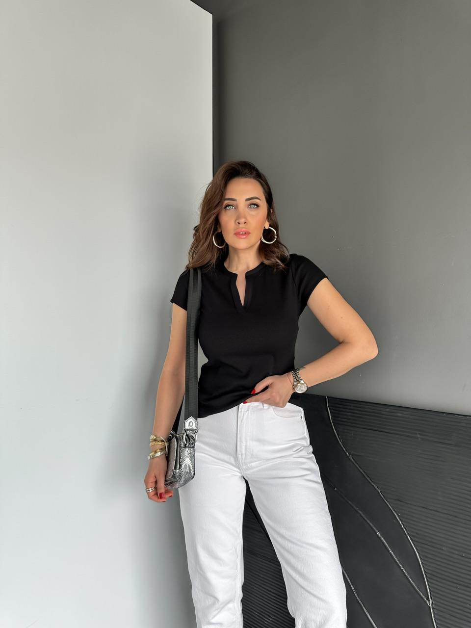 Siyah Damla Yaka Cotton Tshirt