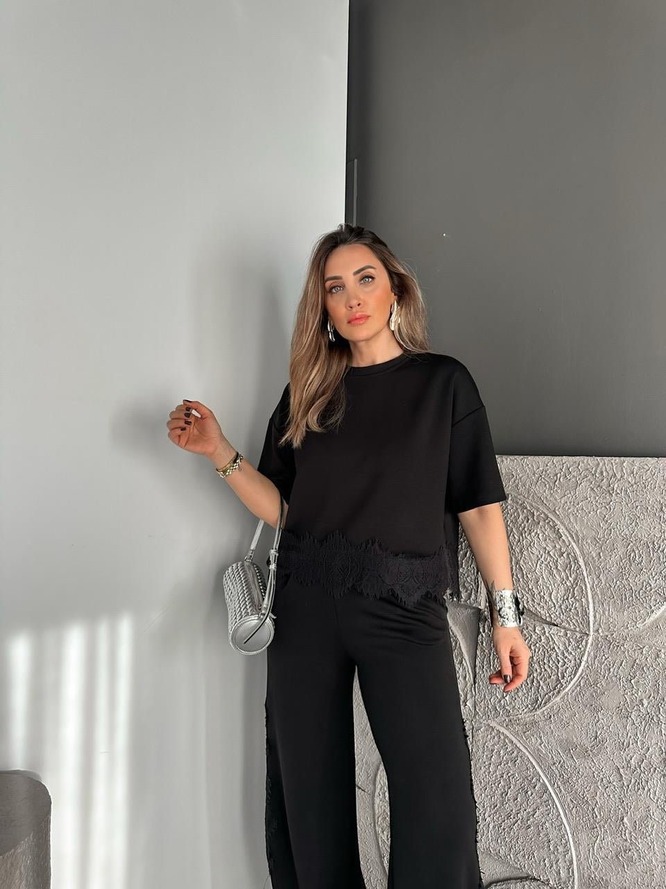 Siyah Dantel Parçalı Modal Takım