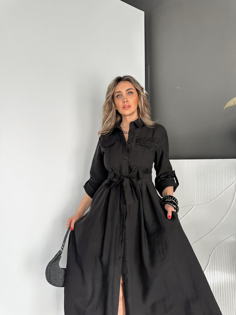 Siyah Fisto Cepli Kuşaklı Elbise