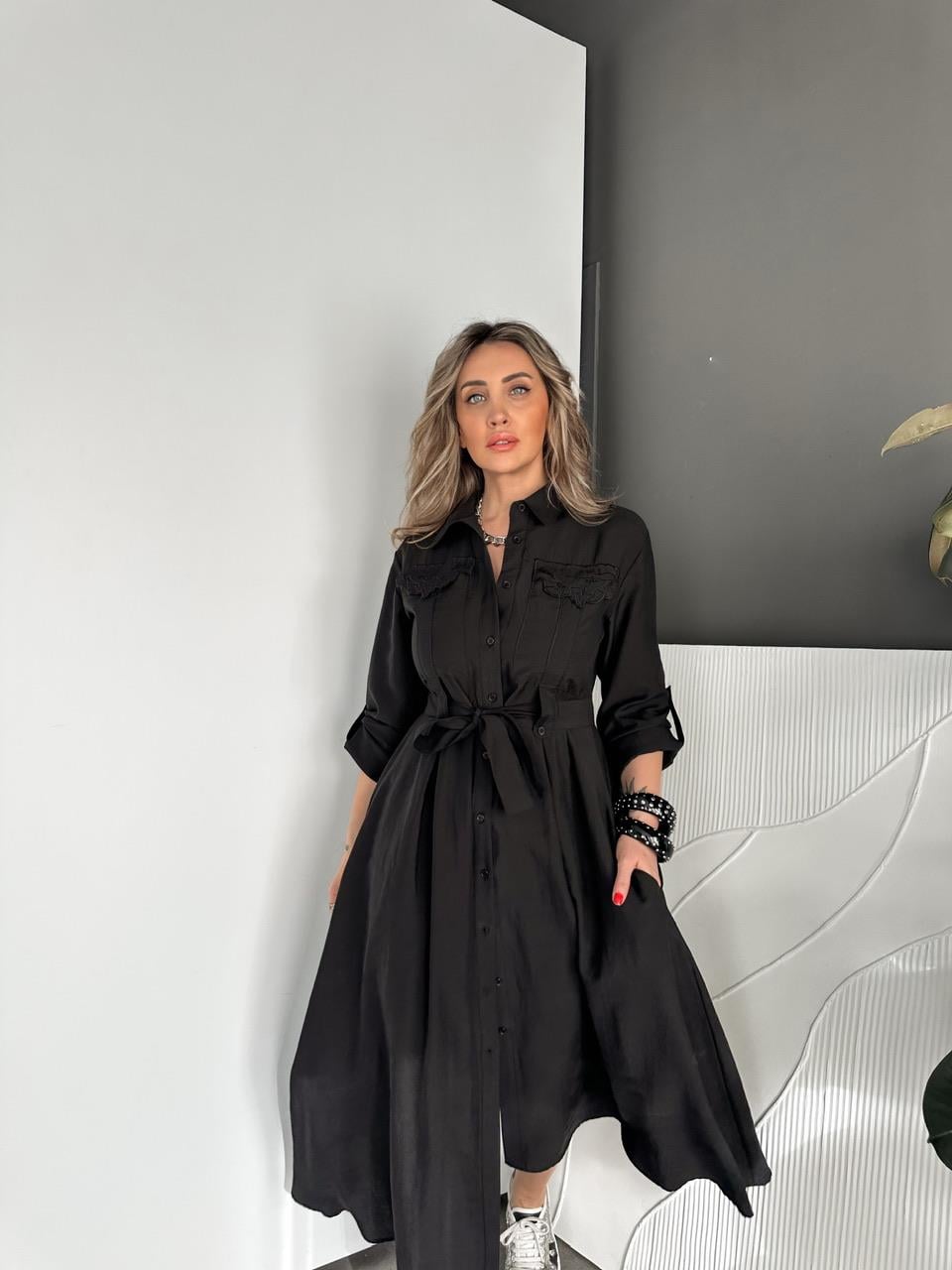 Siyah Fisto Cepli Kuşaklı Elbise