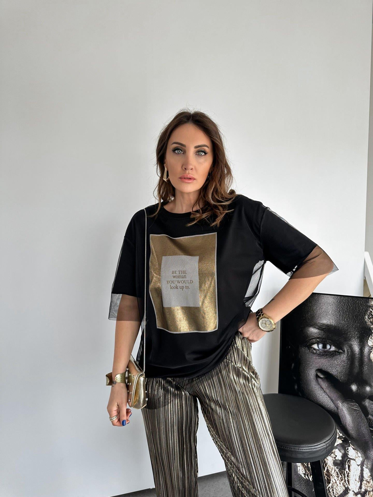 Siyah Gold Baskılı Tüllü Tshirt
