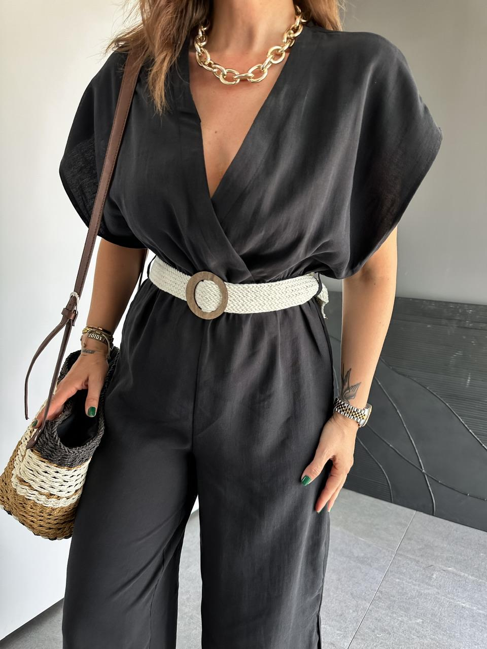 Siyah Hasır Kemerli Keten Tulum