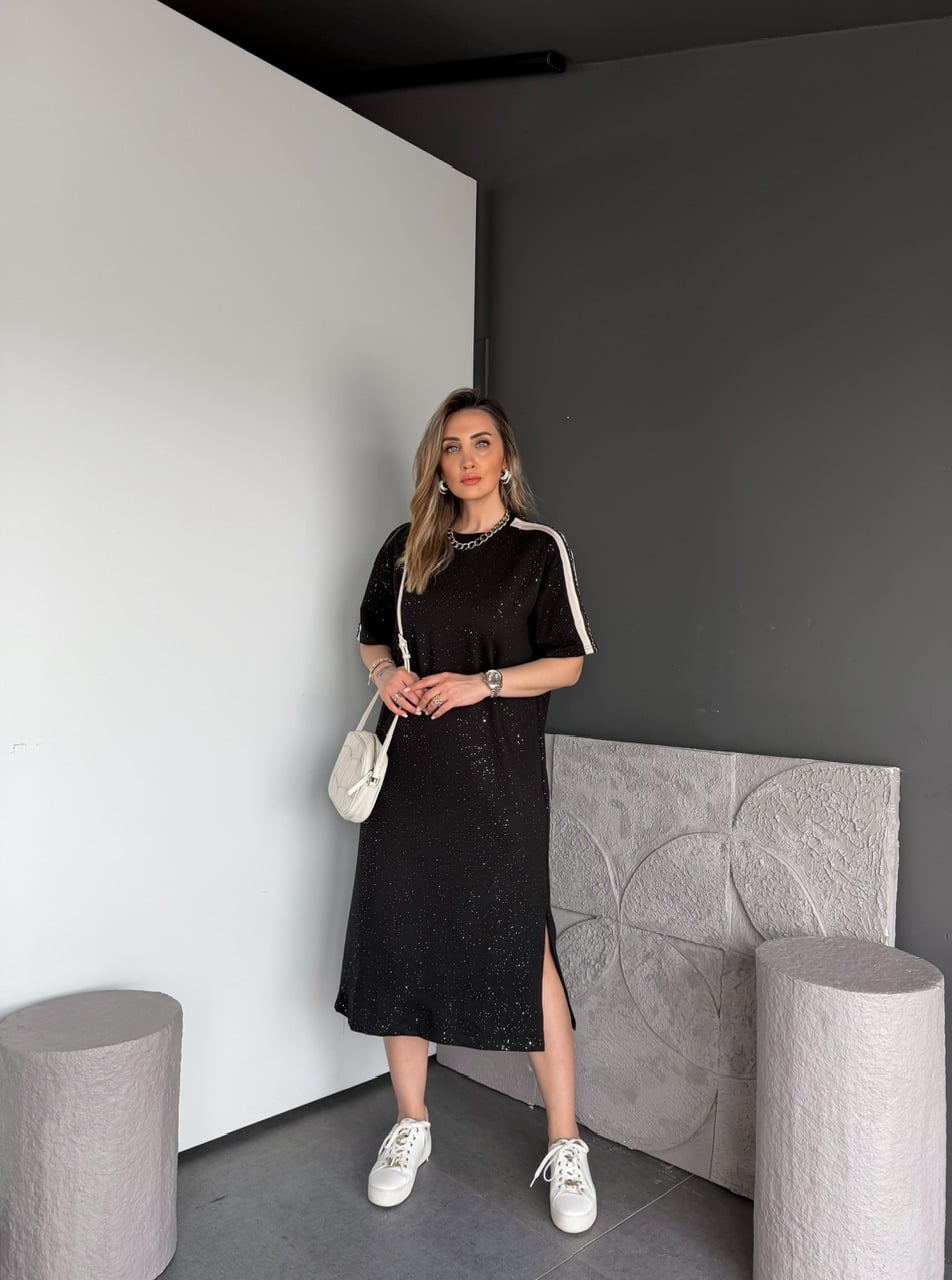 Siyah Işıltı Şeritli Modal Elbise 