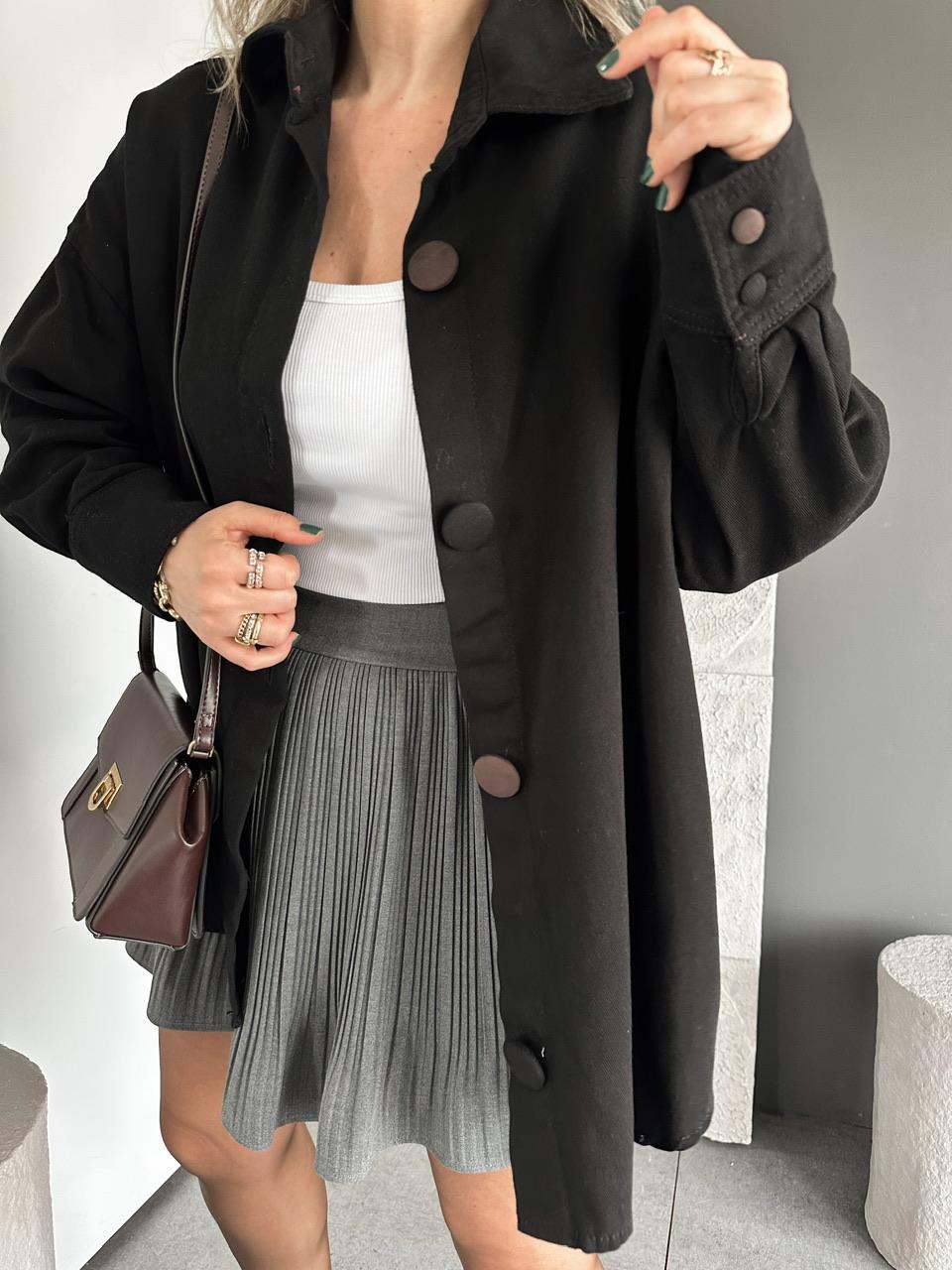 Siyah Kaplama Düğmeli Oversize Kot Ceket