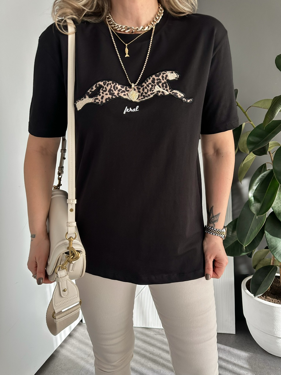 Siyah Kaplan Figürlü Tshirt