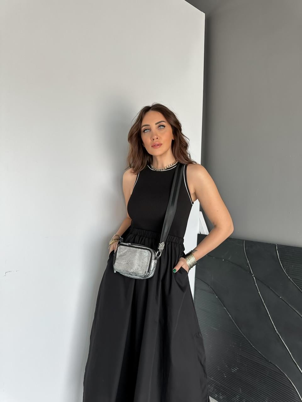 Siyah Kaşkorse Poplin Elbise