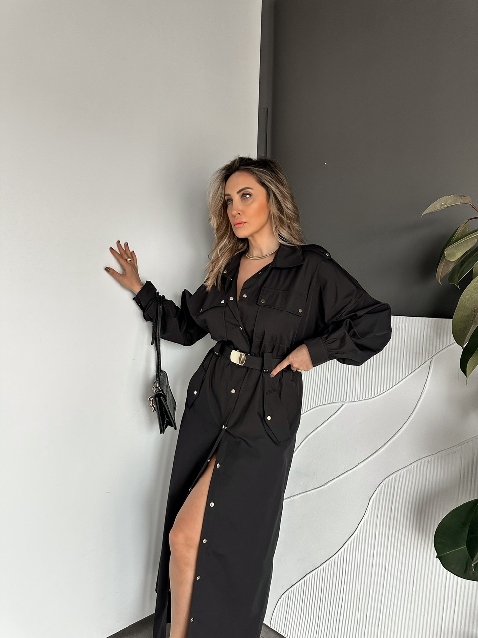 Siyah Kemerli Çıtçıtlı Gömlek Elbise