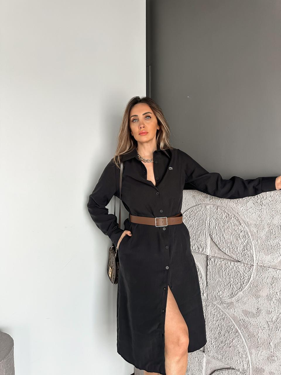 Siyah Kemerli Logolu Tensel Elbise