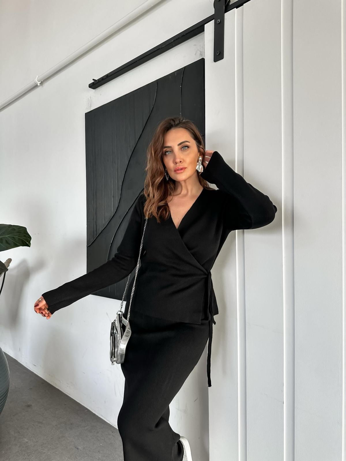 Siyah Kruvaze Etekli Triko Takım