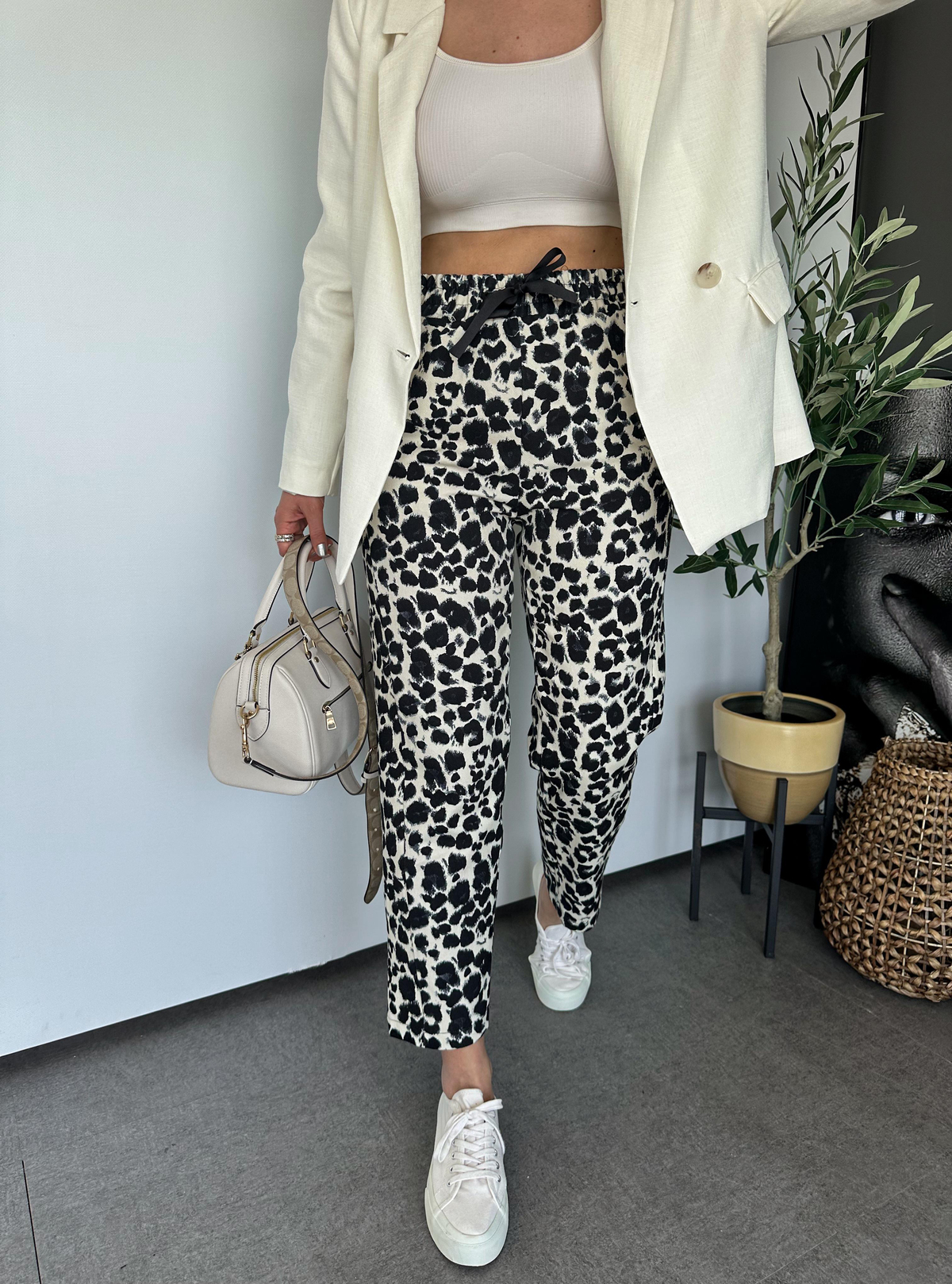 Siyah Leopar Gabardin Pantolon 