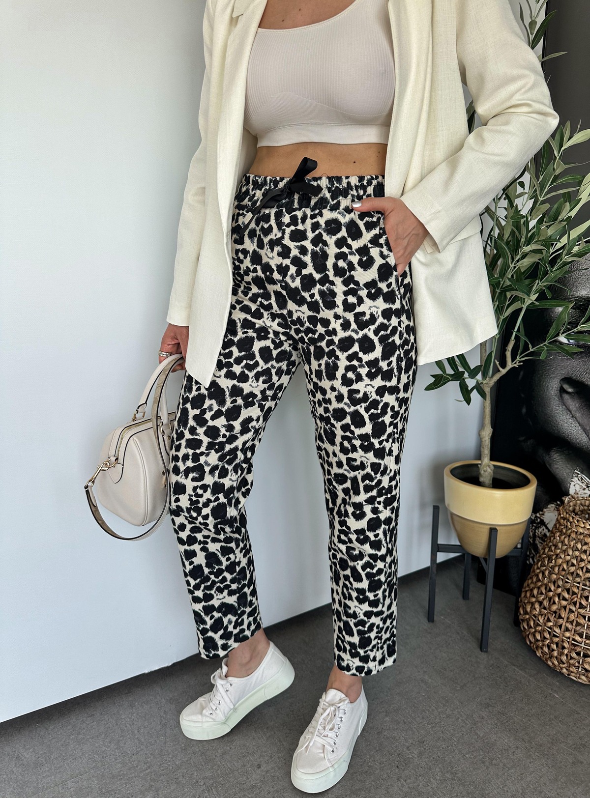 Siyah Leopar Gabardin Pantolon 