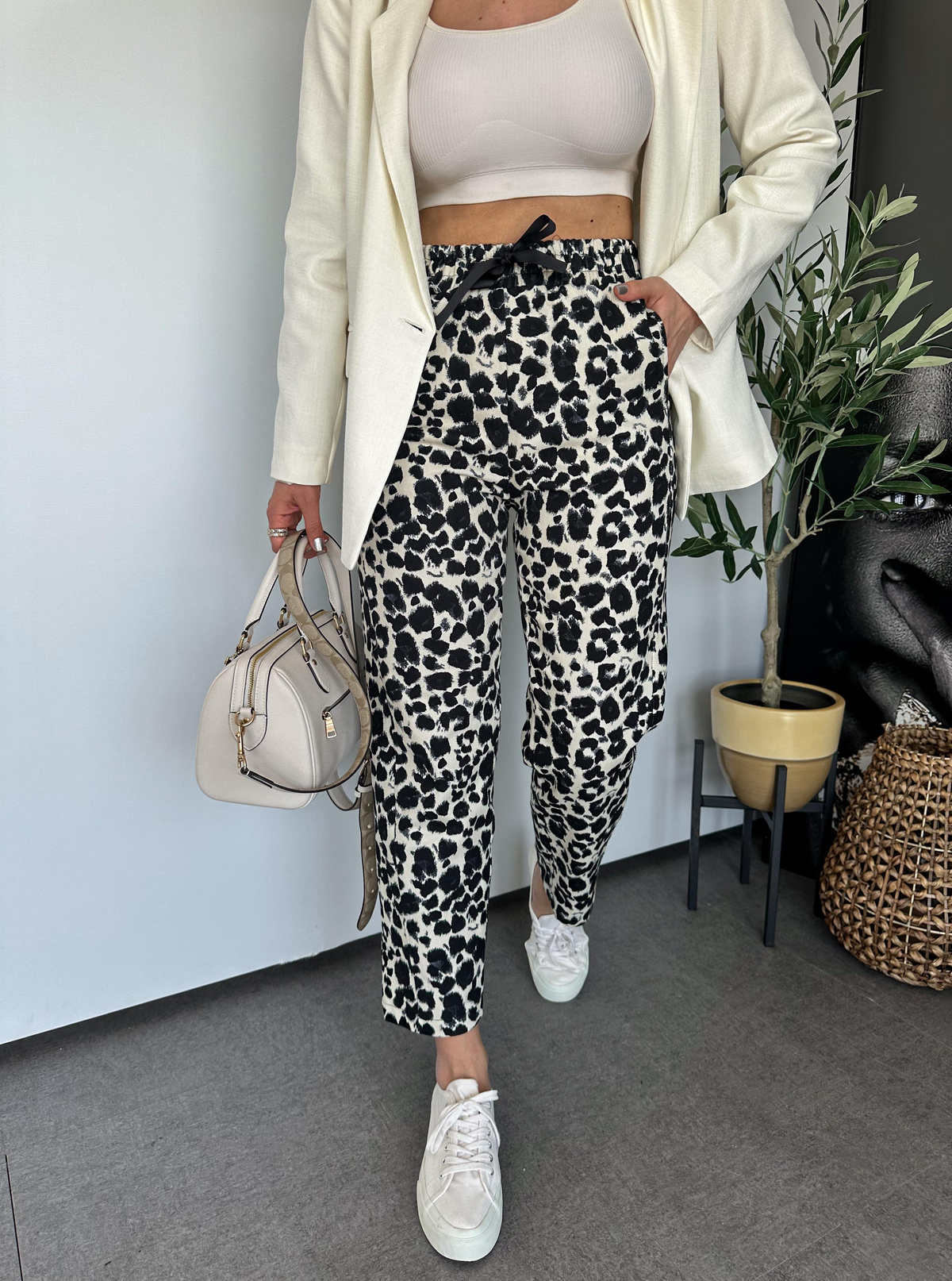 Siyah Leopar Gabardin Pantolon 