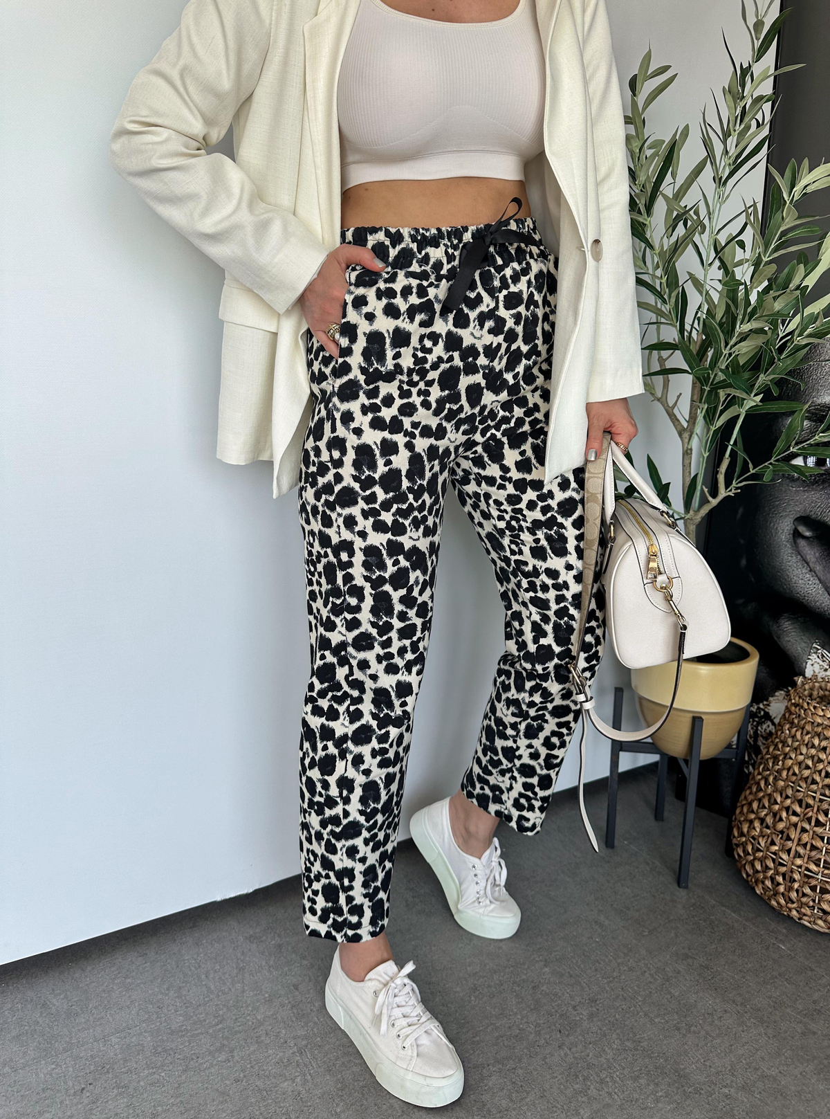 Siyah Leopar Gabardin Pantolon 