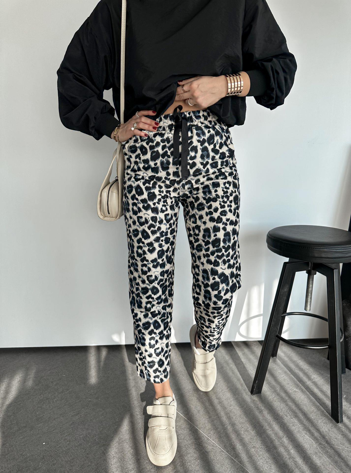 Siyah Leopar Paraşüt Pantolon