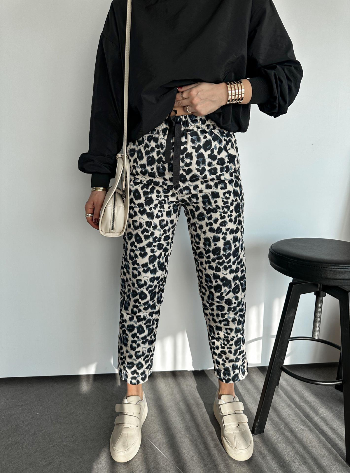 Siyah Leopar Paraşüt Pantolon