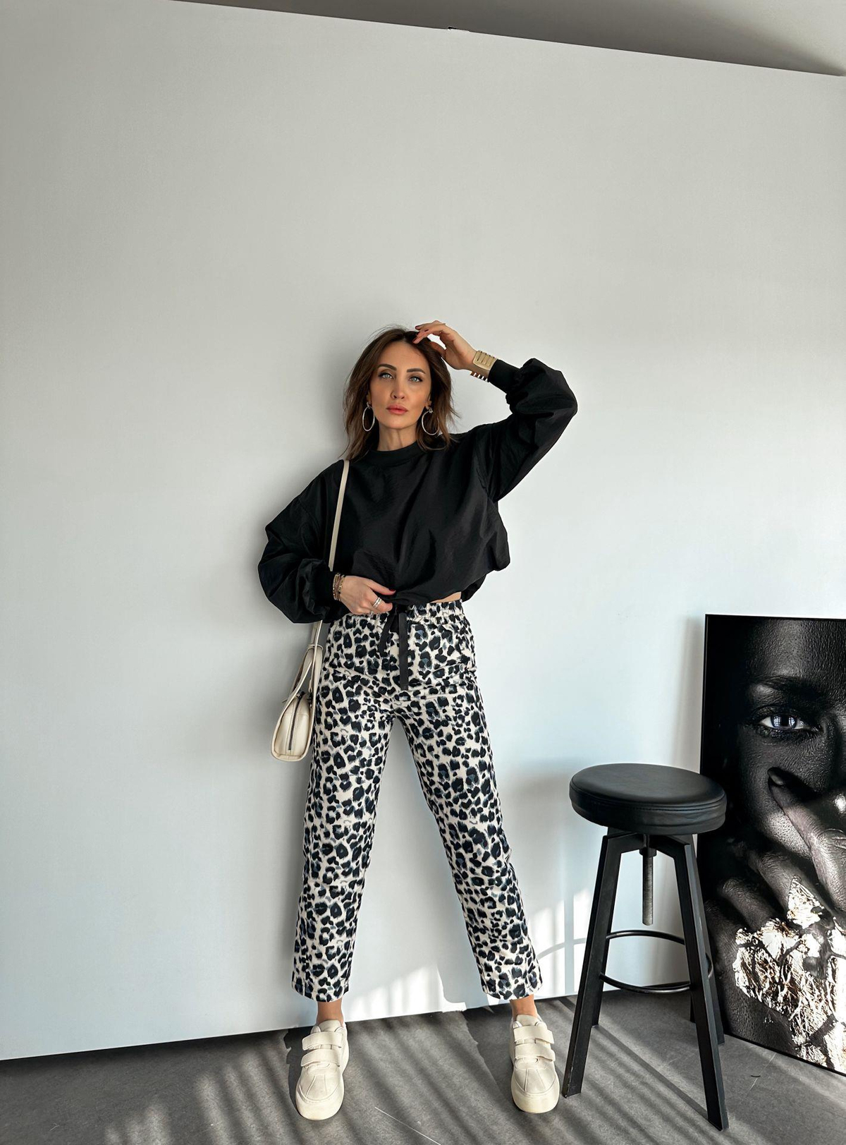 Siyah Leopar Paraşüt Pantolon
