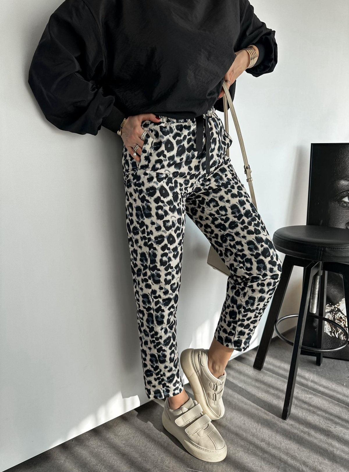 Siyah Leopar Paraşüt Pantolon