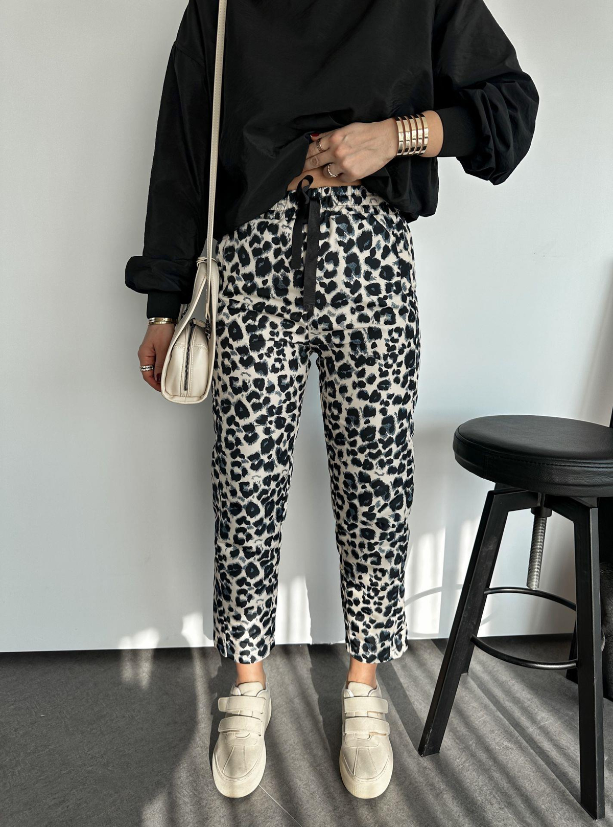Siyah Leopar Paraşüt Pantolon