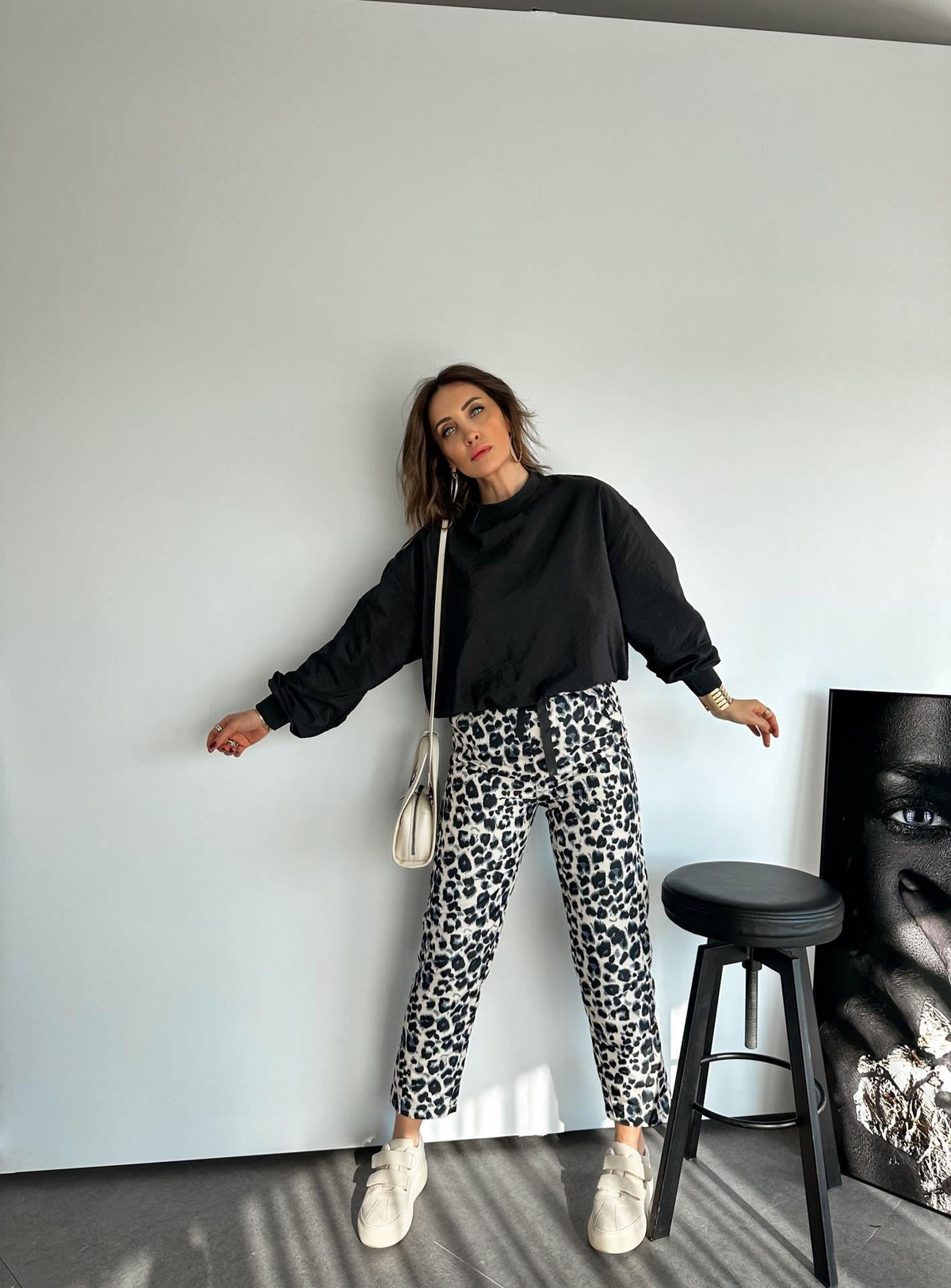 Siyah Leopar Paraşüt Pantolon
