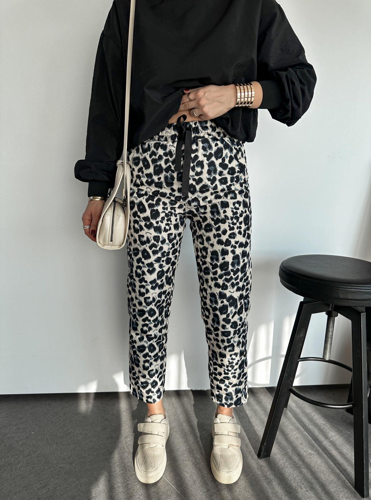 Siyah Leopar Paraşüt Pantolon