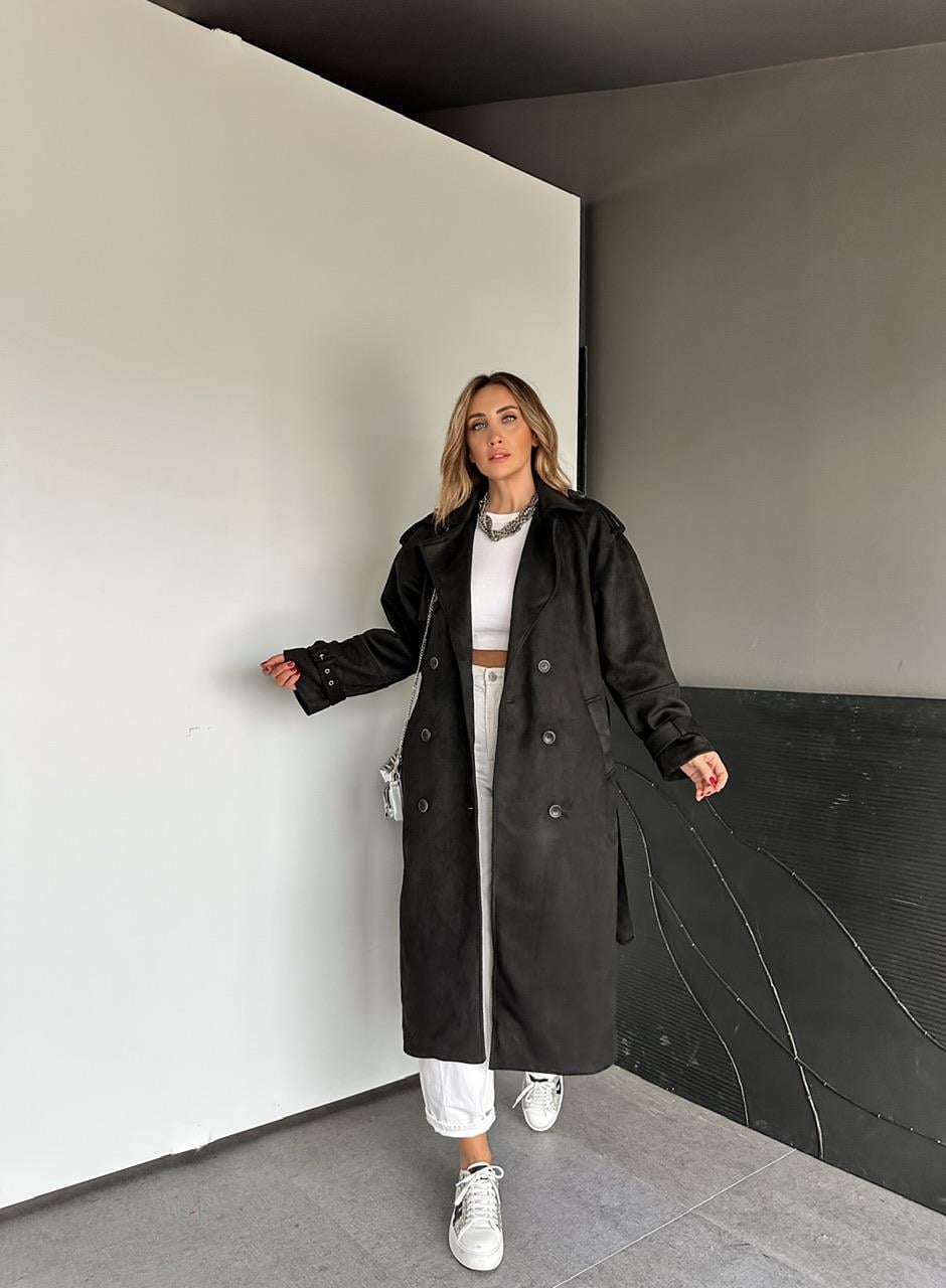 Siyah Manşetli Süet Premium Trençkot