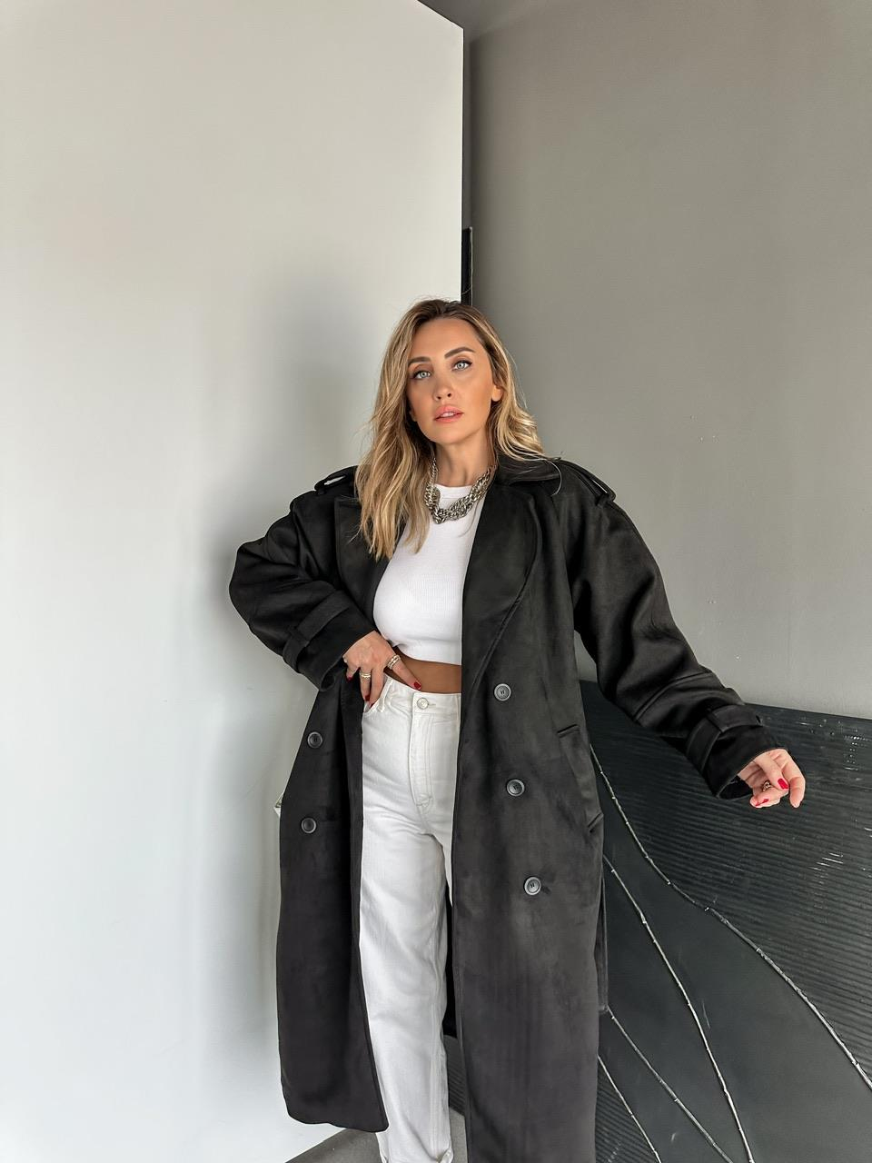 Siyah Manşetli Süet Premium Trençkot