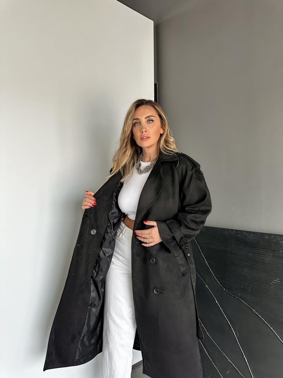 Siyah Manşetli Süet Premium Trençkot