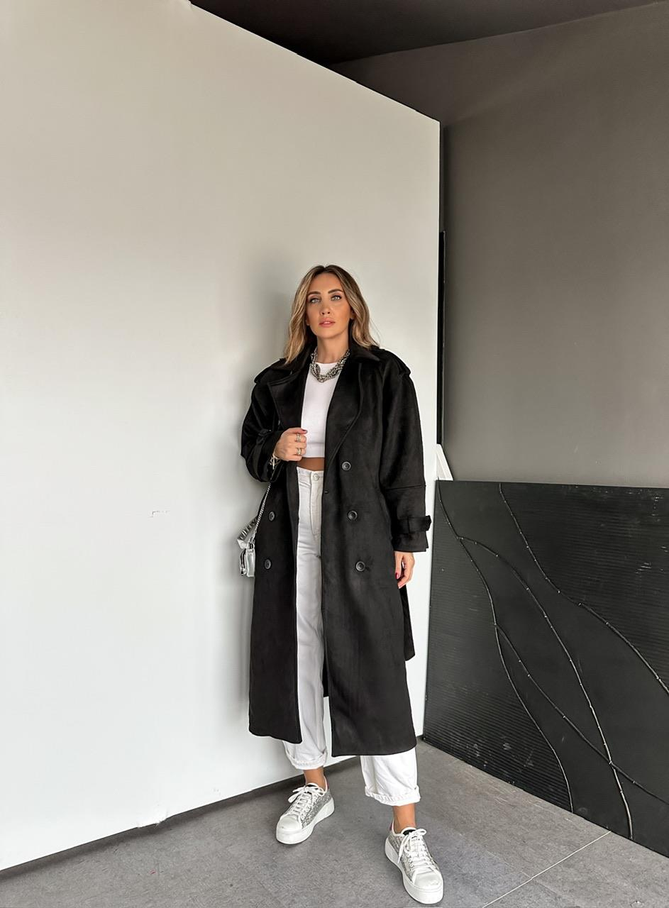 Siyah Manşetli Süet Premium Trençkot