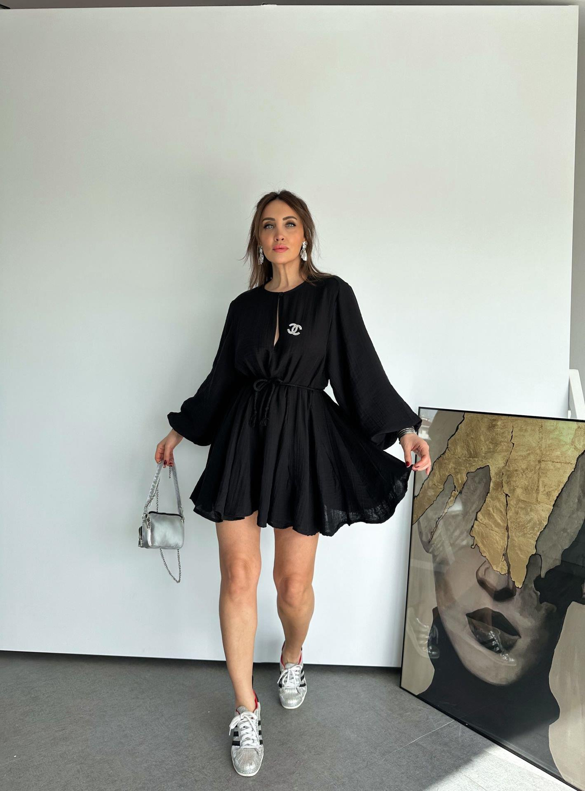 Siyah Müslin Beli İpli Volanlı Elbise