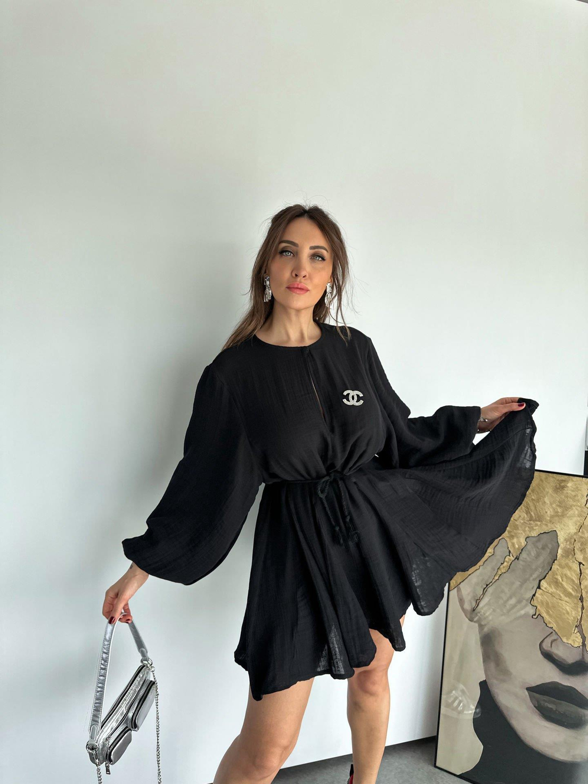 Siyah Müslin Beli İpli Volanlı Elbise