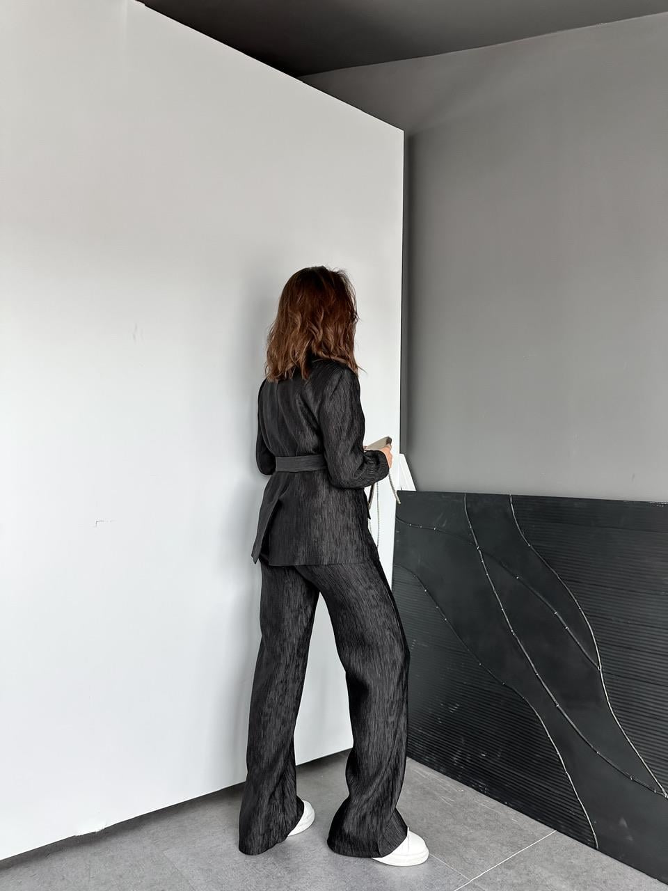 Siyah Parlak Dokulu Kuşaklı Premium Takım