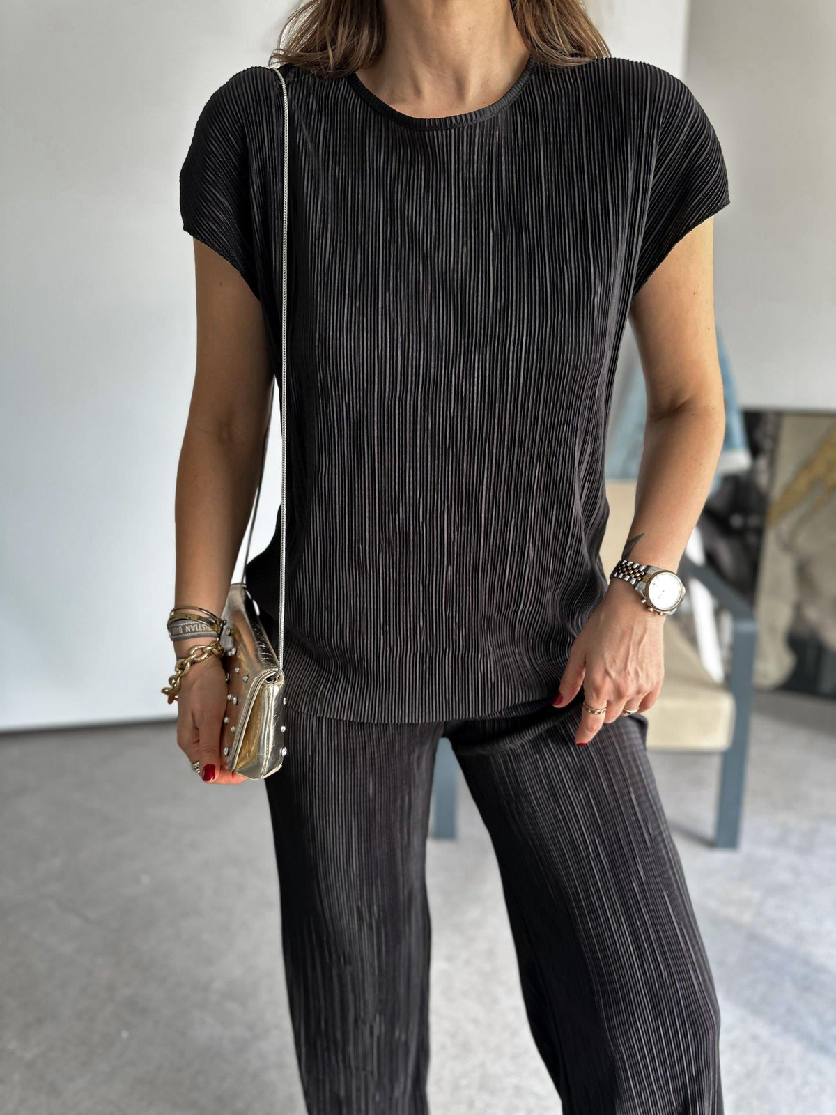 Siyah Pilili Tshirt Basic Takım