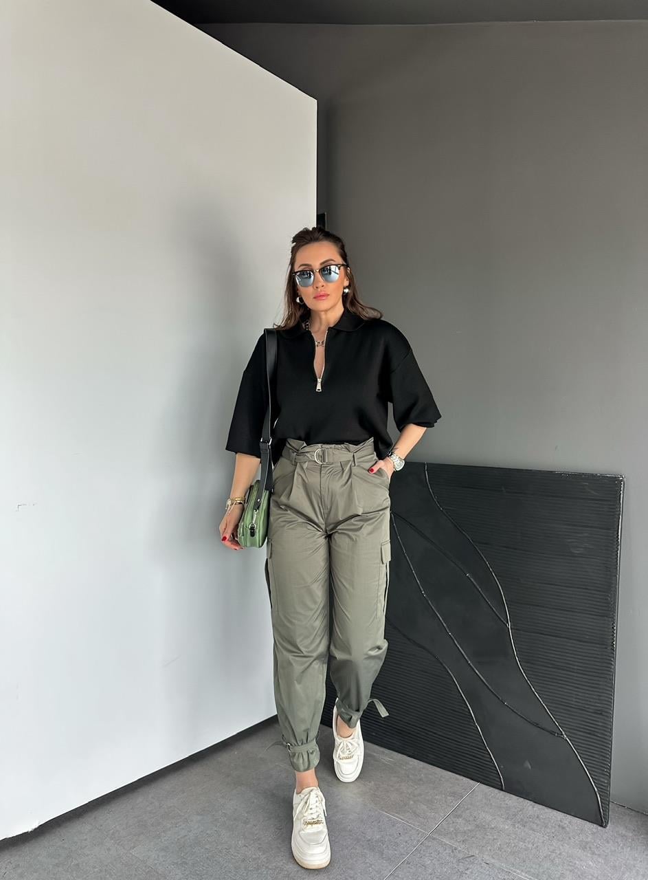 Siyah Polo Yaka Fermuarlı Basic Triko Kazak
