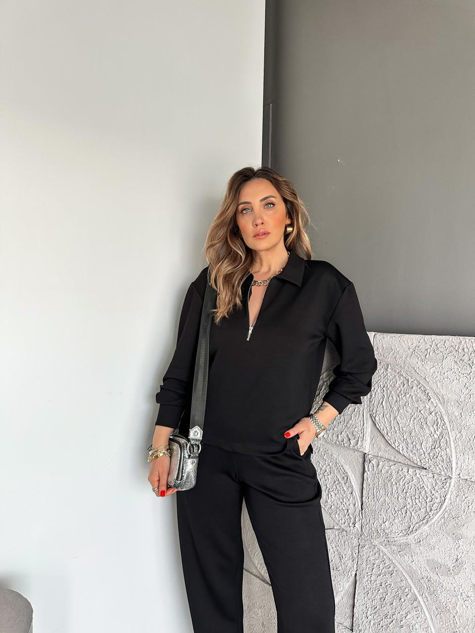 Siyah Polo Yaka Fermuarlı Modal Takım