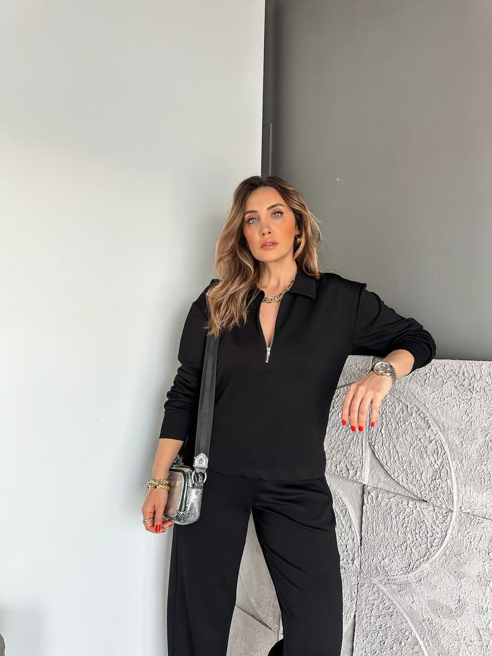 Siyah Polo Yaka Fermuarlı Modal Takım