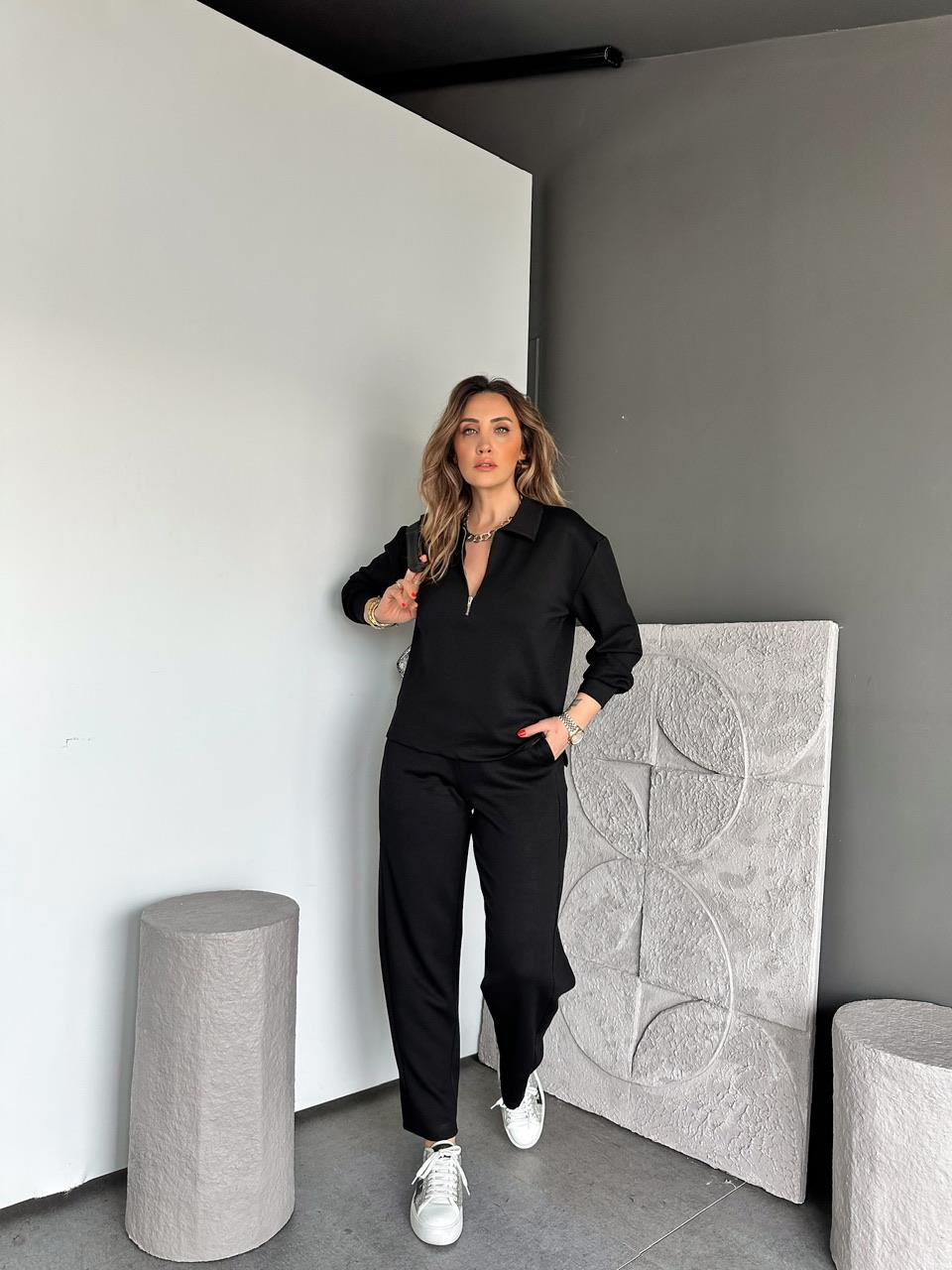 Siyah Polo Yaka Fermuarlı Modal Takım