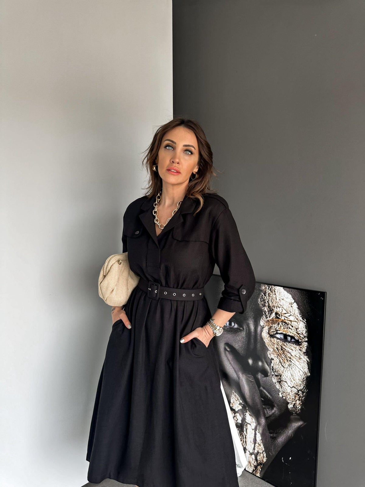 Siyah Safari Beli Kemerli Keten Elbise