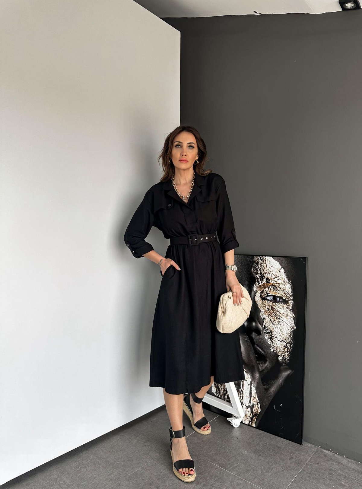 Siyah Safari Beli Kemerli Keten Elbise
