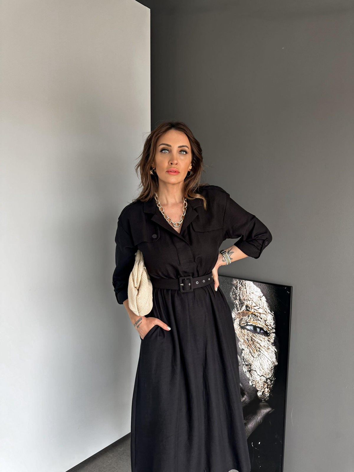 Siyah Safari Beli Kemerli Keten Elbise