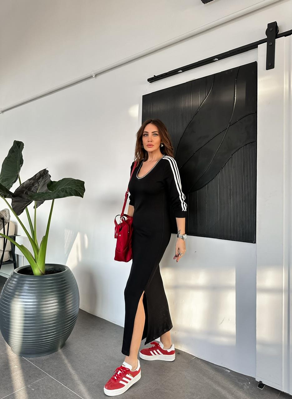 Siyah Şeritli V Yaka Modal Elbise 