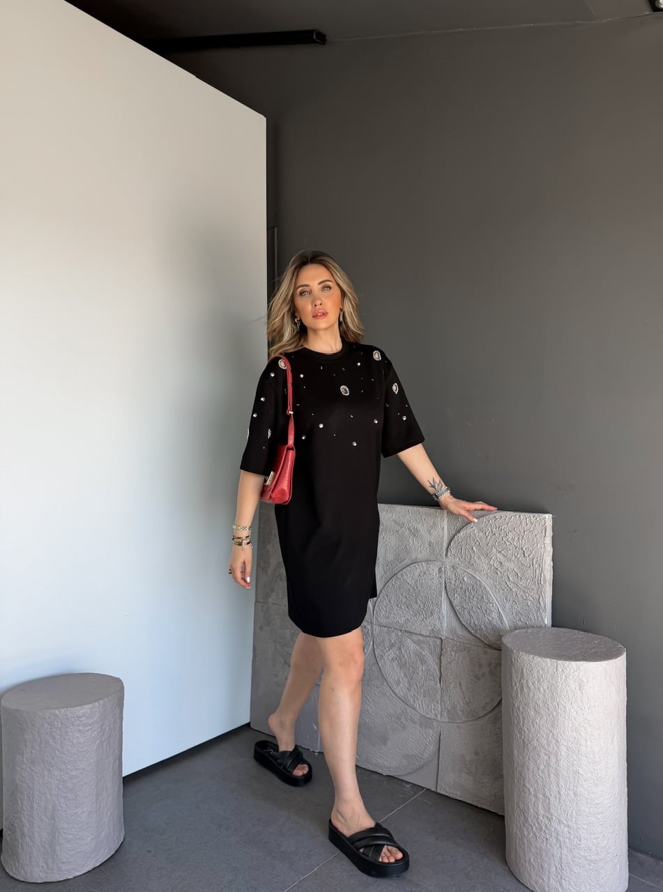 Siyah Serpme İncili Modal Elbise