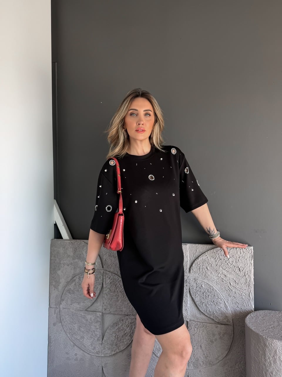 Siyah Serpme İncili Modal Elbise