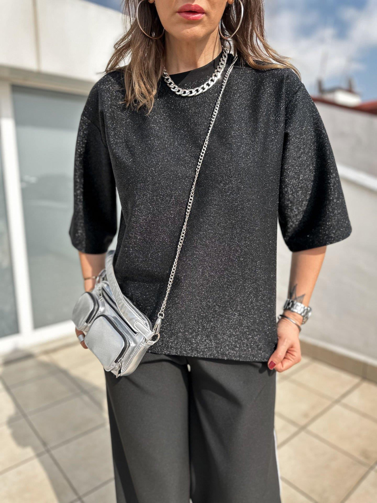 Siyah Simli Oversize Tshirt