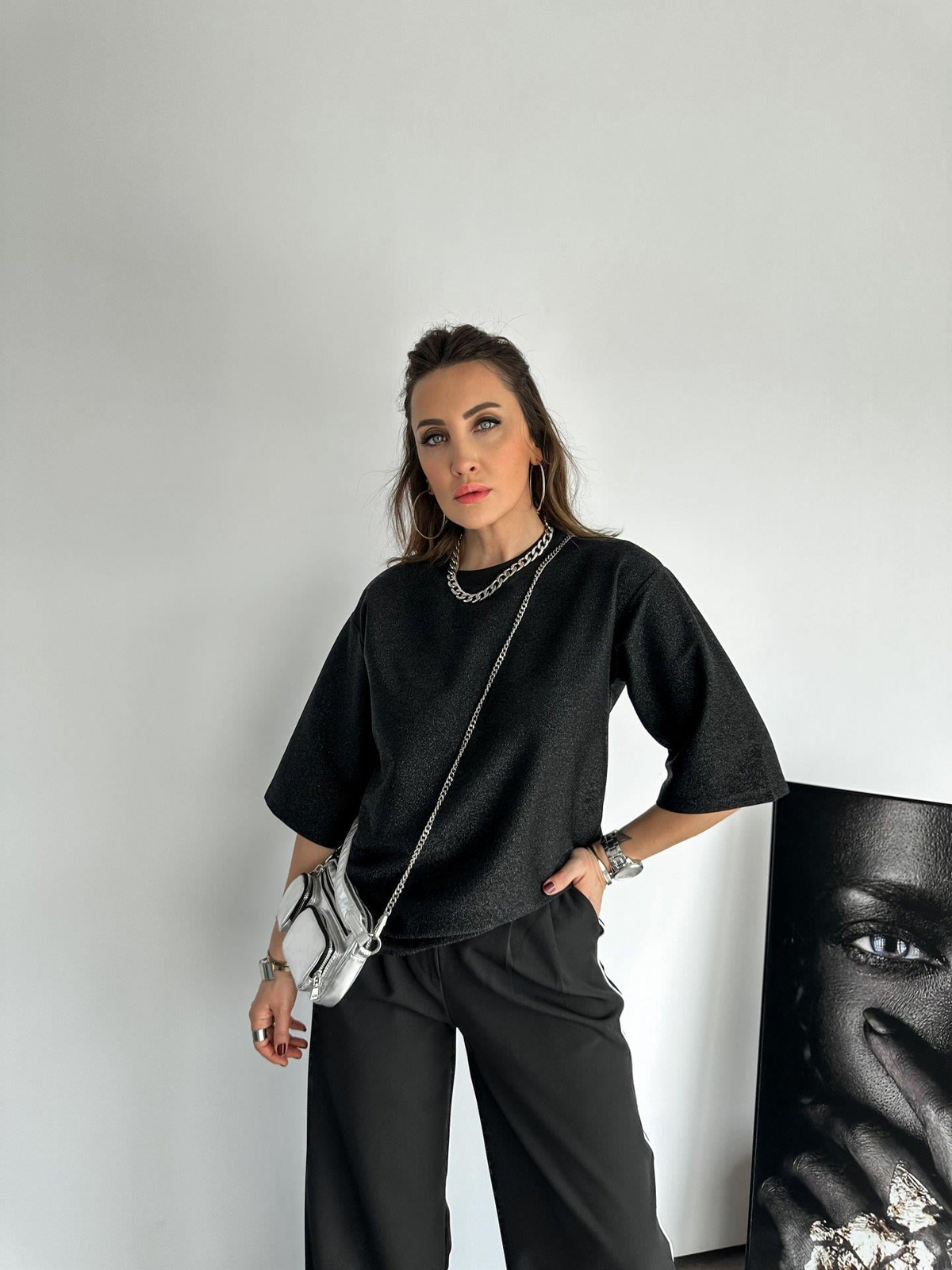 Siyah Simli Oversize Tshirt